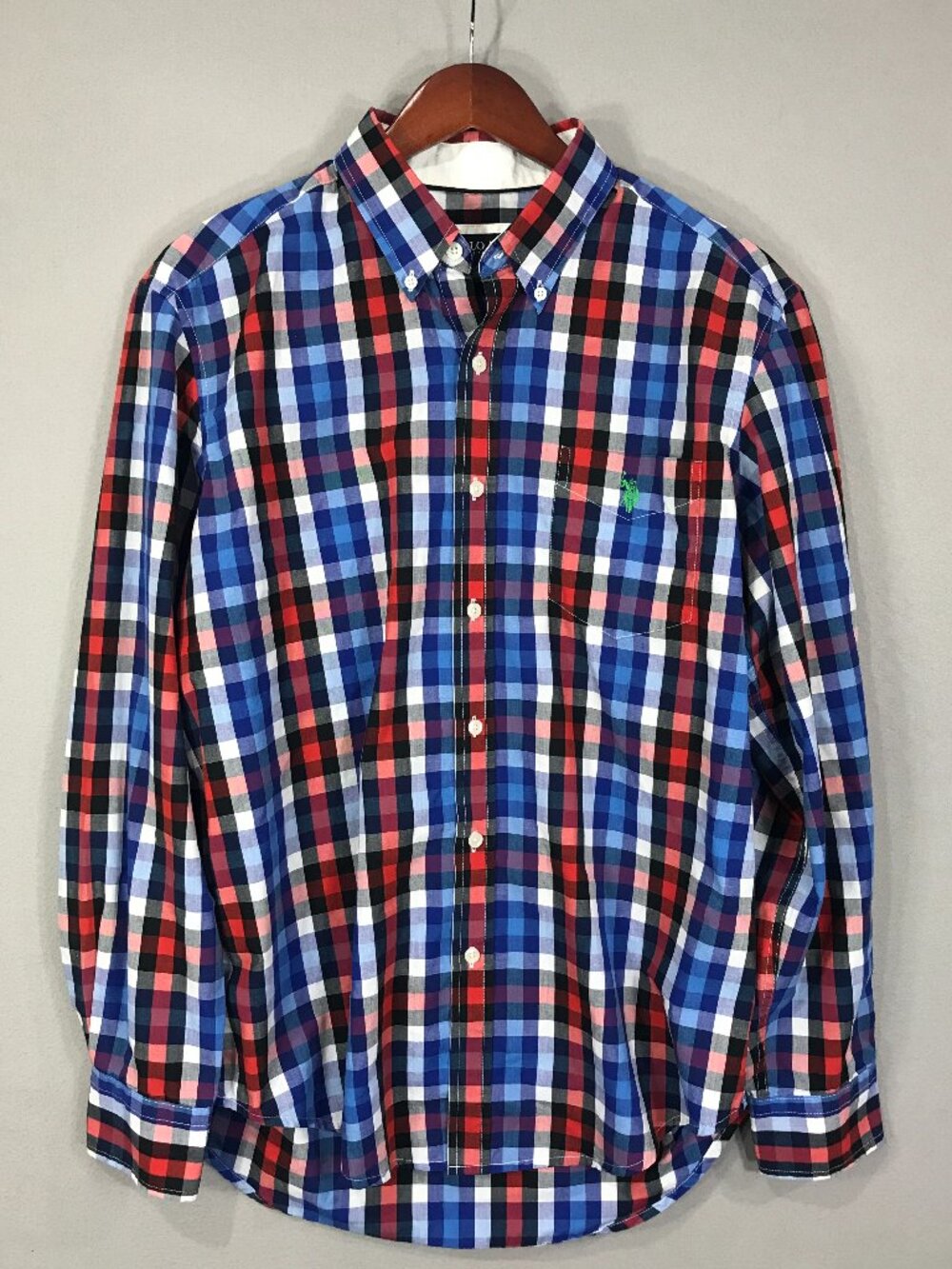 US Polo Assn Shirt Mens Large Blue Red Plaid Logo Button Down Long Sleeve Pocket
